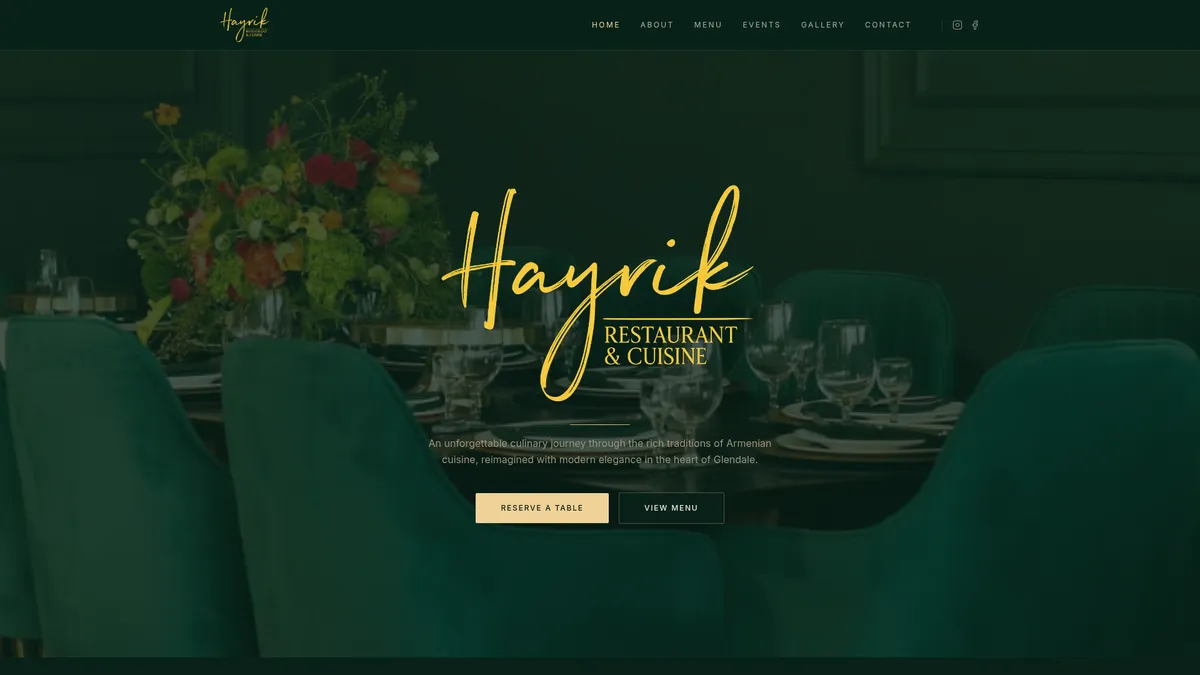 Custom restaurant website design for Hayrik Restaurant serving Pasadena and Glendale