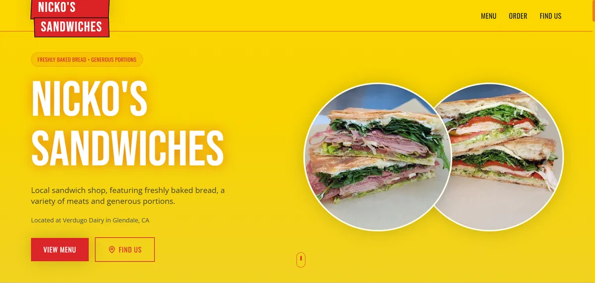Custom website design for Nicko's Sandwiches restaurant in Los Angeles