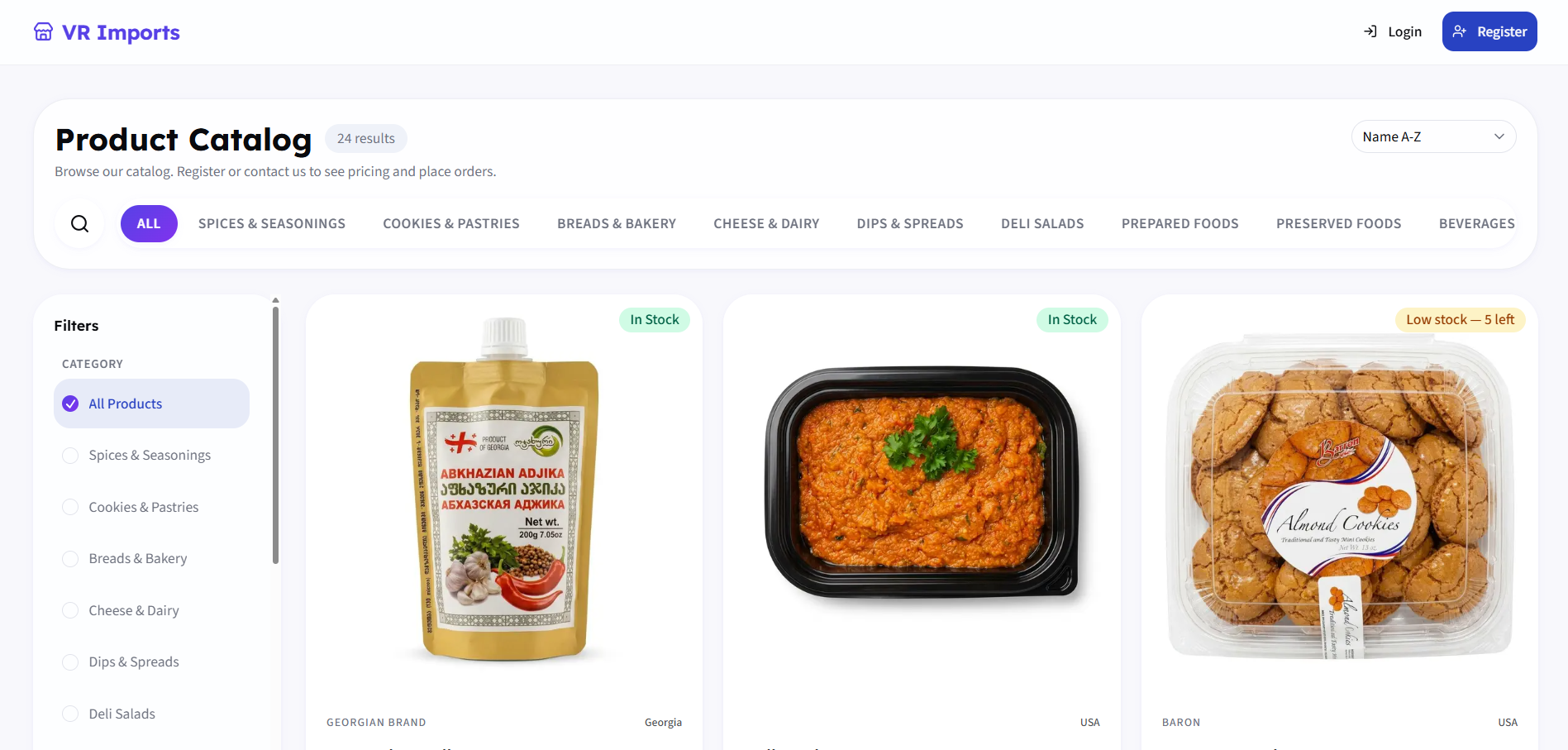 VR Imports — product catalog